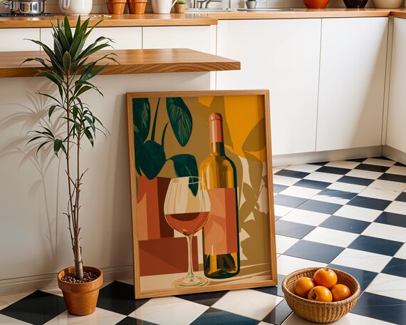 Retro Wine Bottle Glass Midcentury Modern Kitchen Bar Wall Poster
