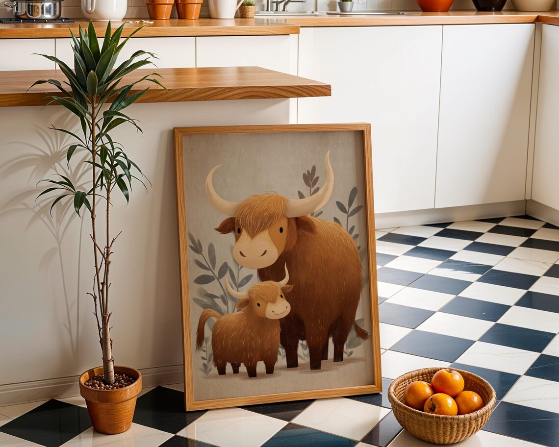 Highland Cow Mother and Calf Cute Farmhouse Kitchen Wall Art