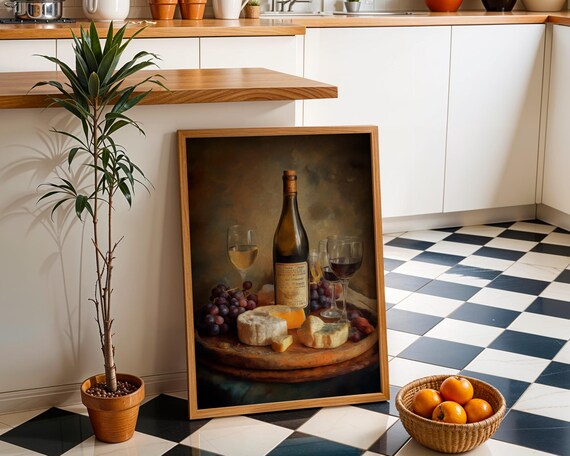 Wine And Cheese Still Life With Grapes And Glasses Rustic Kitchen Print