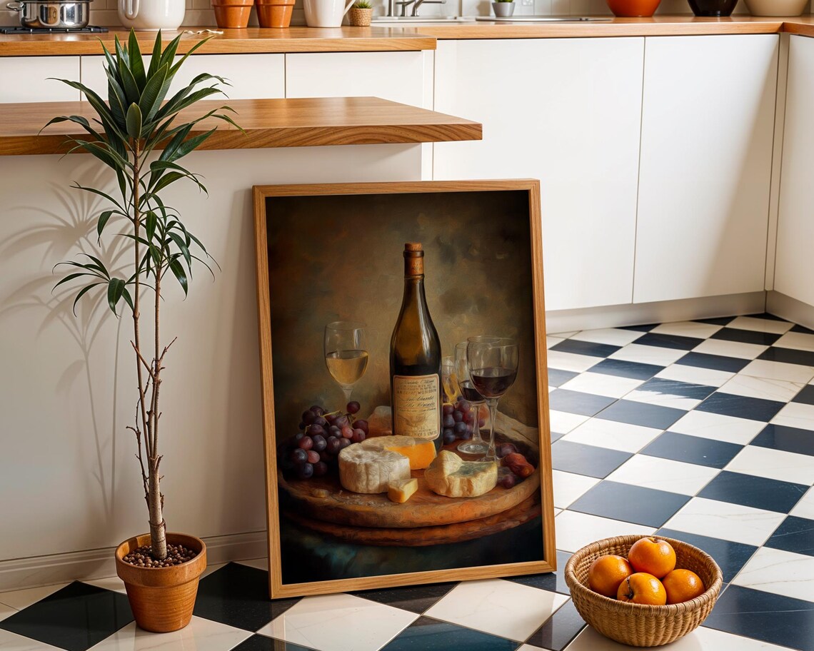 Wine And Cheese Still Life With Grapes And Glasses Rustic Kitchen Print