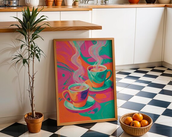 Neon Steaming Coffee Mugs Pair Colorful Modern Kitchen Poster