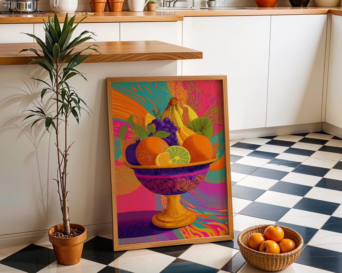 Neon Fruit Bowl Pedestal Psychedelic Colorful Kitchen Poster