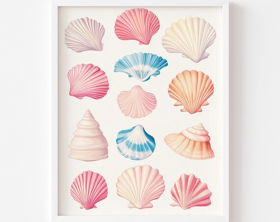 Pastel Scallop Seashell Chart Watercolor Coastal Beach House Wall Art