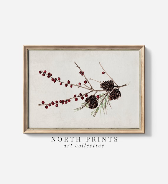Botanical Winter Berry Branch Art Print, Rustic Holiday