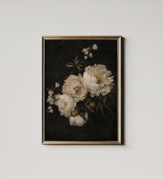 Dark Peony Still Life, Moody Botanical Art Print