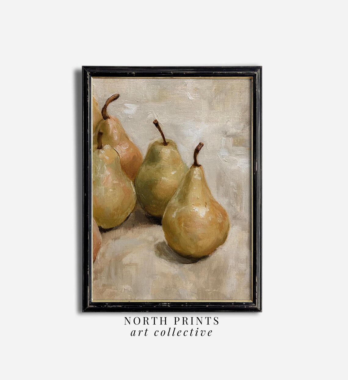 Rustic Pear Still Life Painting Vintage Green Golden Fruit Kitchen Wall Print - Image 2