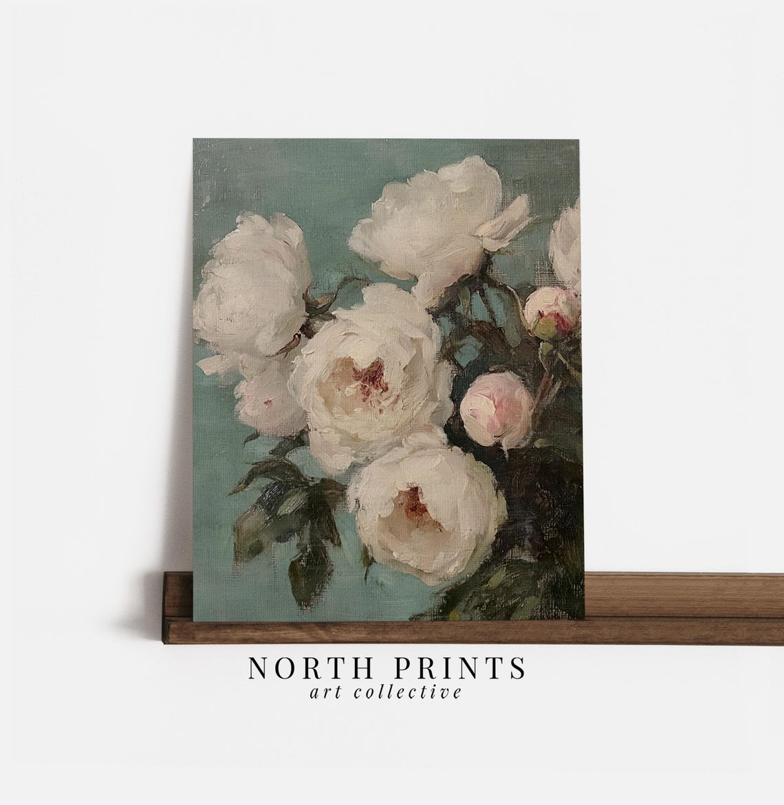 White Peony Bouquet Teal Background Vintage Floral Oil Painting Print - Image 3