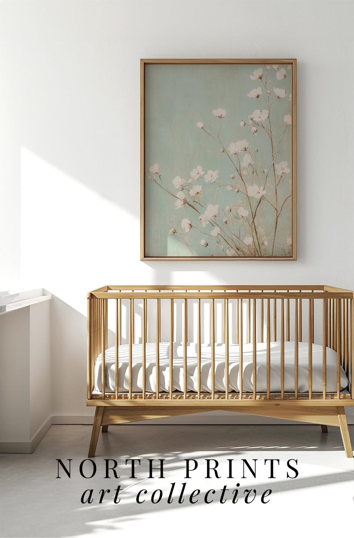 Mint Green Wildflower Painting White Blossoms Nursery Bedroom Wall Art - Image 2
