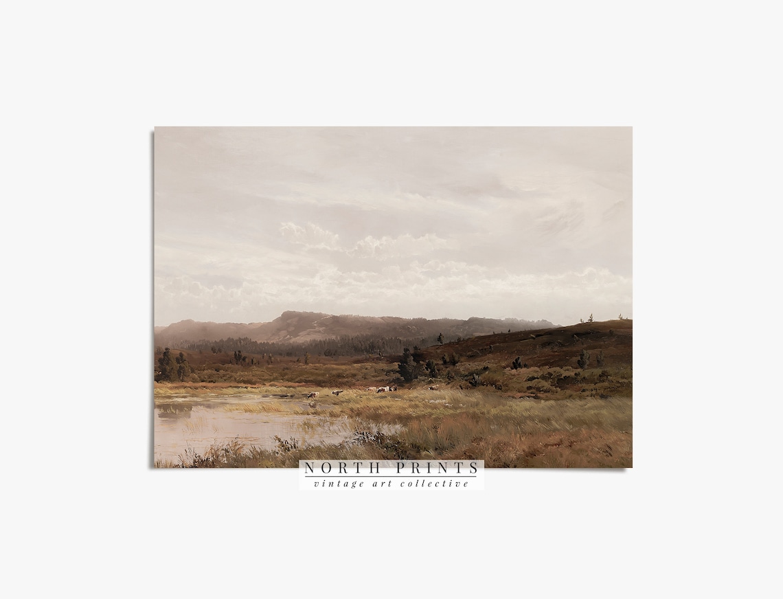 Vintage Grazing Cows Rustic Valley Art Print - Image 2