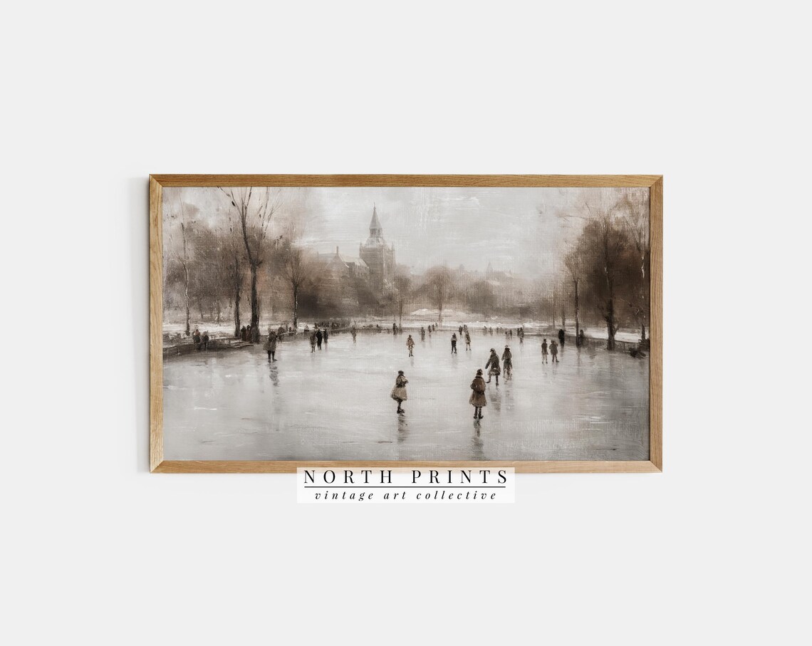 Winter Skating Rink Painting Art, Christmas Farmhouse