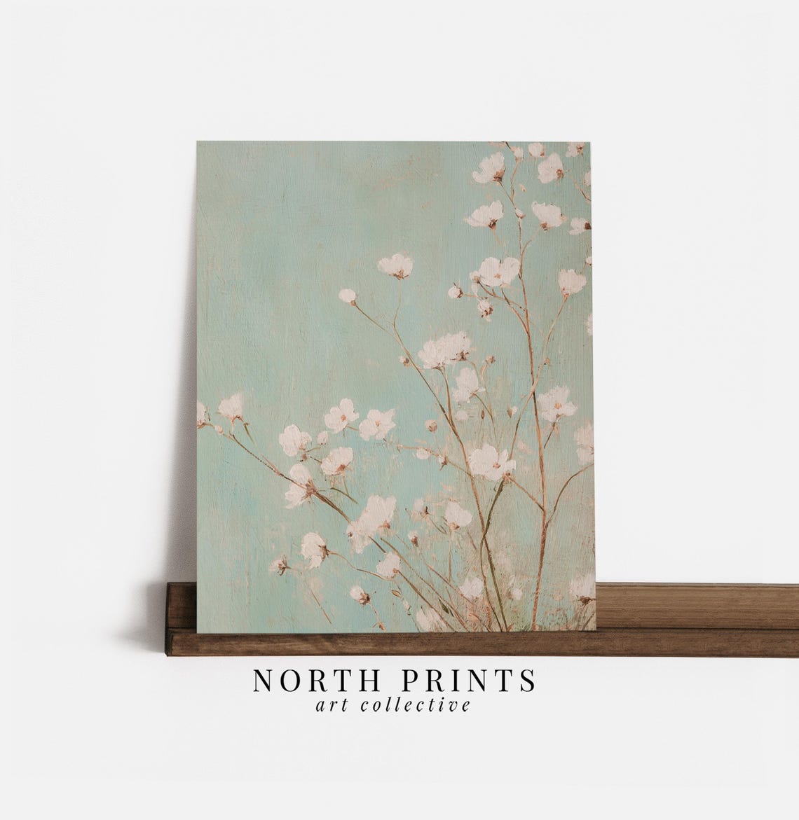 Mint Green Wildflower Painting White Blossoms Nursery Bedroom Wall Art - Image 3