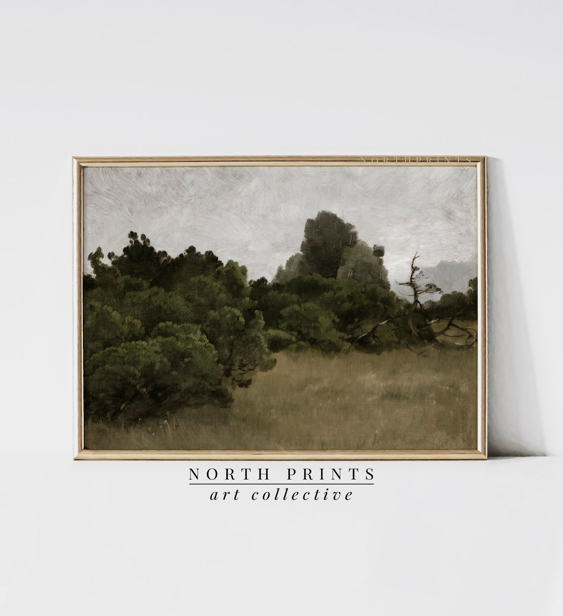 Moody Dark Green Forest Landscape Misty Sky Vintage Painting Poster - Image 3