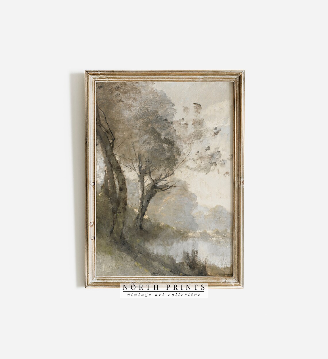 Muted River Landscape Painting Art Print, Neutral Green - Image 3
