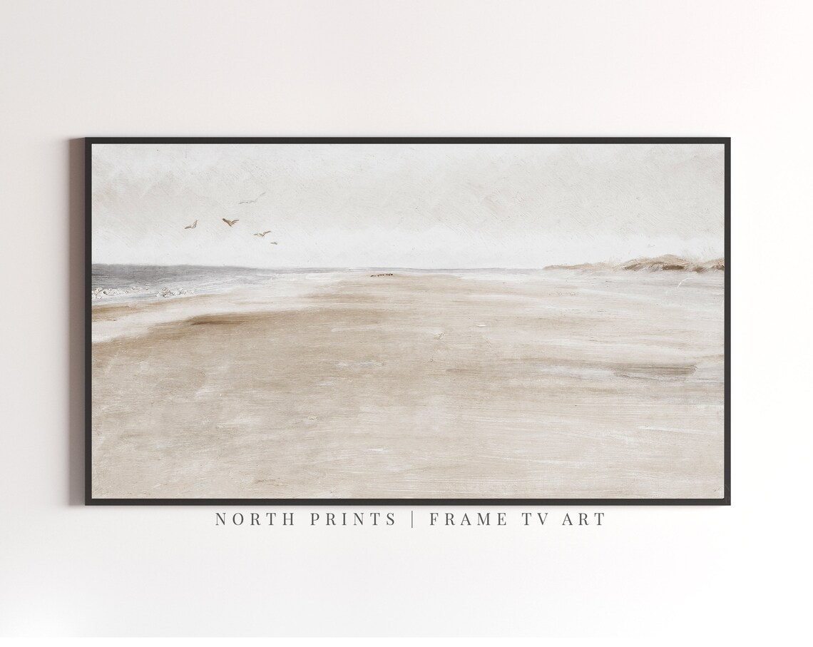 Minimalist Neutral Beach Seascape Birds Vintage Painting Soft Coastal Art Poster - Image 2