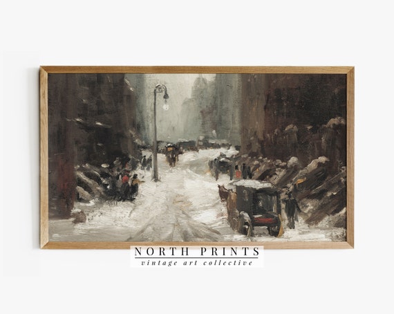 Moody Winter Cityscape Painting, Rustic Holiday Decor