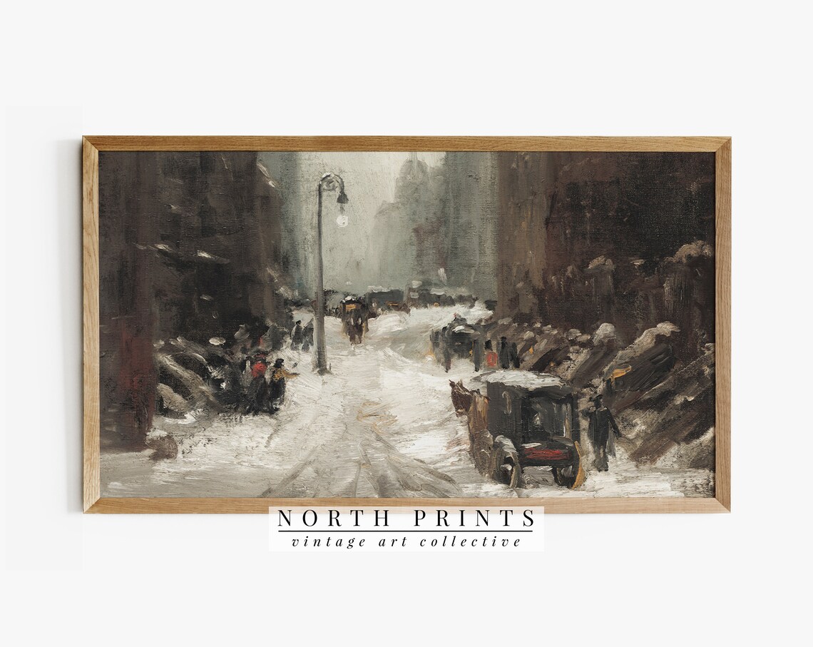 Moody Winter Cityscape Painting, Rustic Holiday Decor