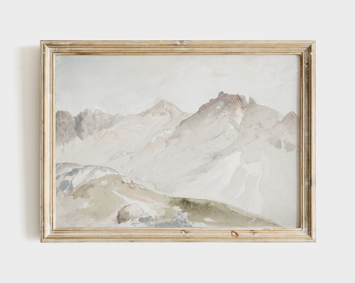 Muted Mountain Painting, Antique Neutral Watercolor Art Print - Image 2