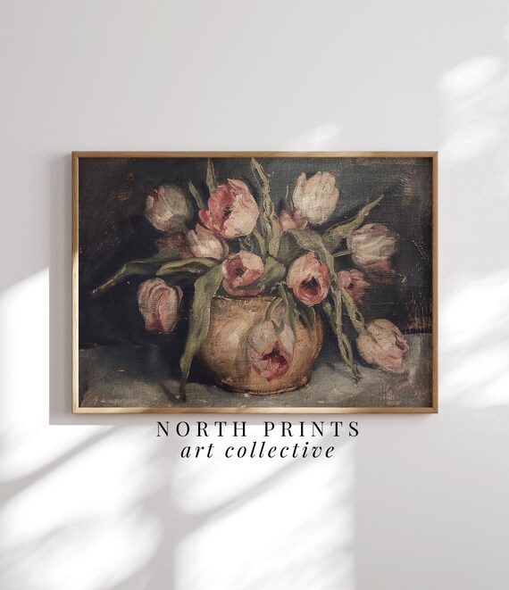 Tulip Still Life Painting, Rustic Vintage Floral Art Print