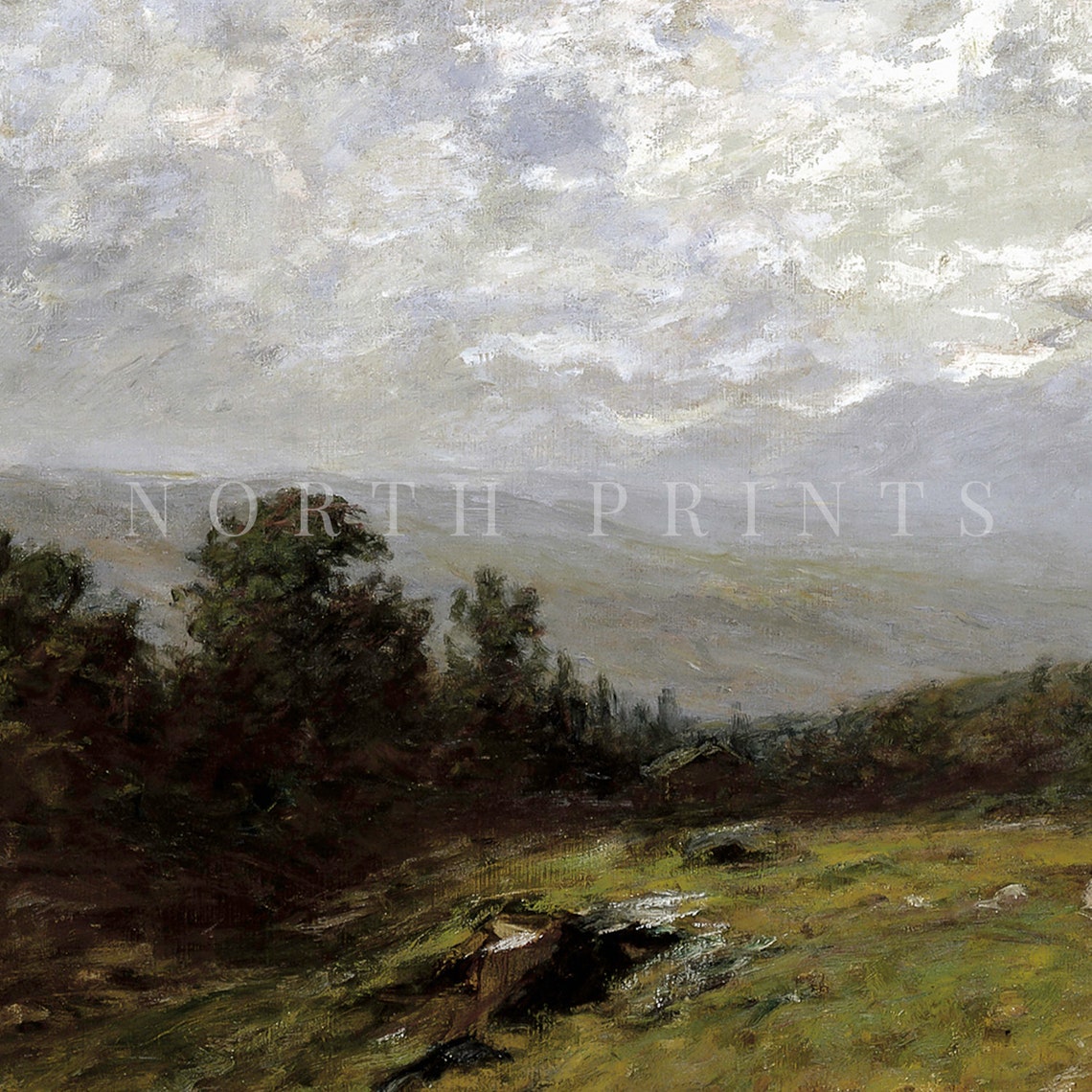 Moody Green Valley Cloudy Sky Vintage Landscape Painting Poster - Image 3