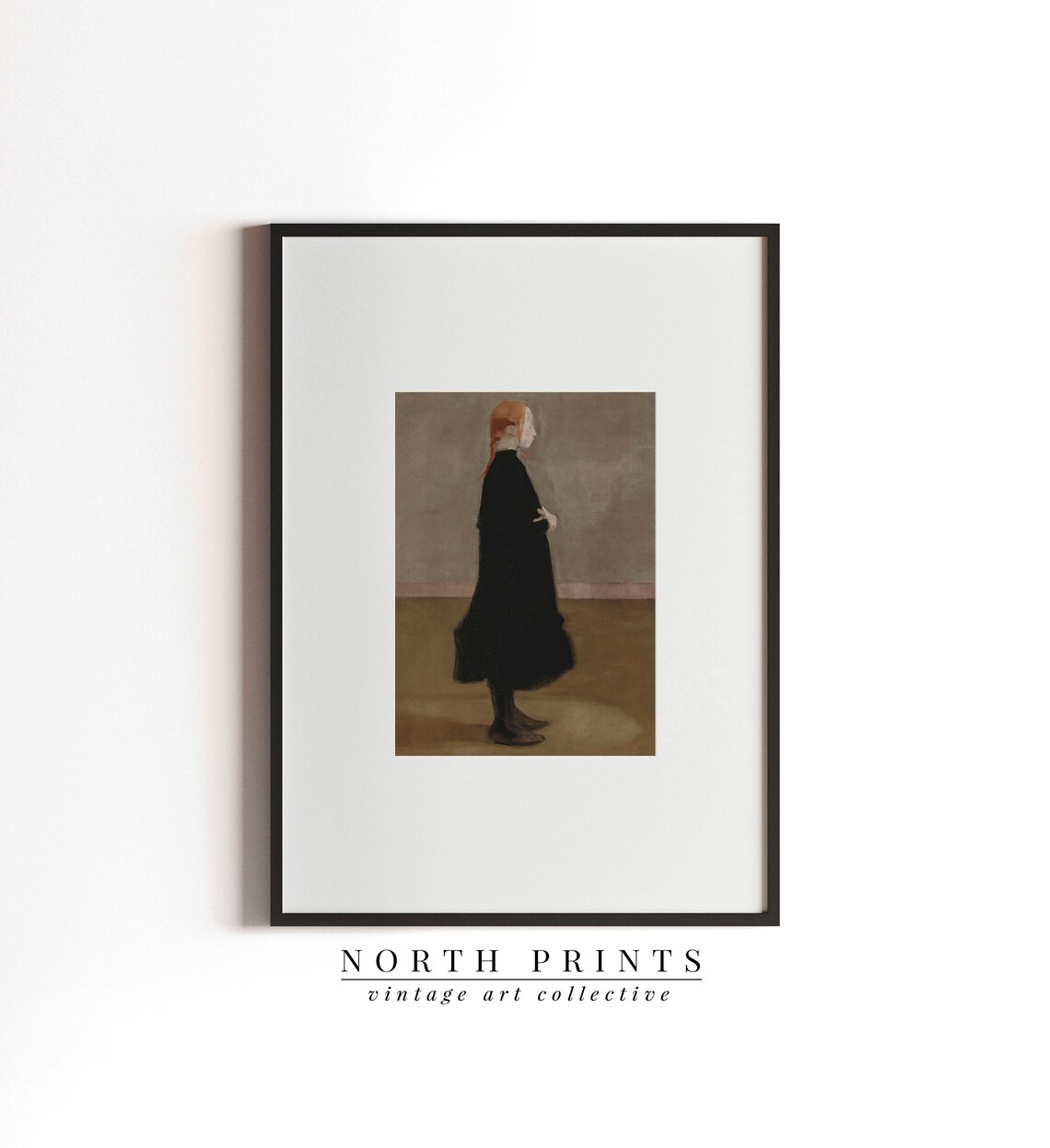 Vintage Red Haired Girl Black Dress Portrait Oil Painting Print - Image 3