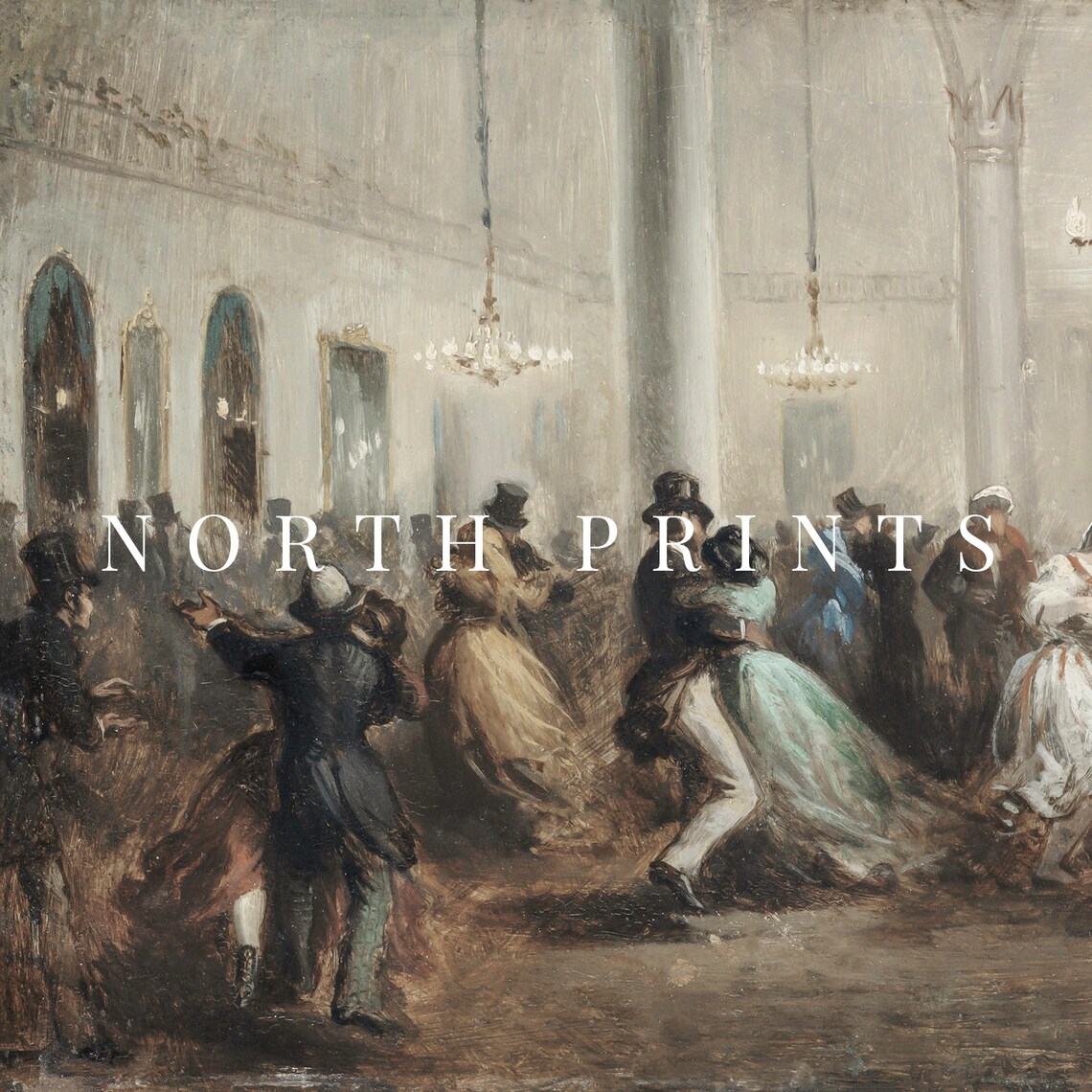 Vintage Grand Ballroom Waltz Dance Antique Oil Painting Print - Image 2