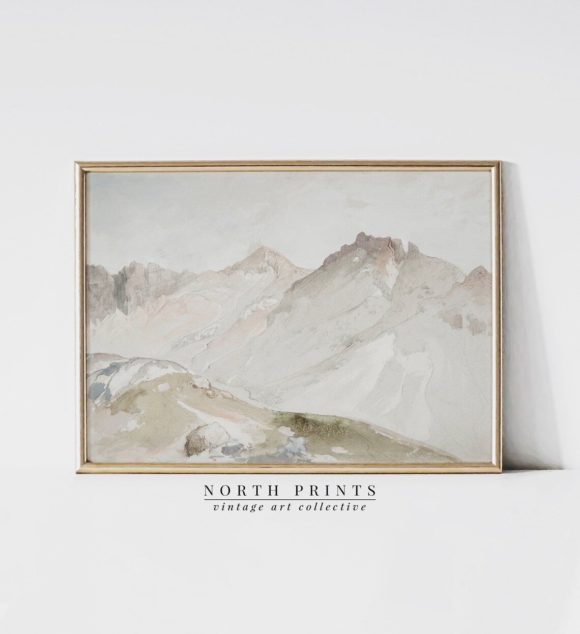 Muted Mountain Painting, Antique Neutral Watercolor Art Print