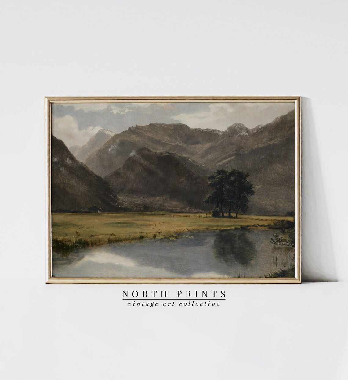 Vintage River Landscape Painting, Mountain Art Print