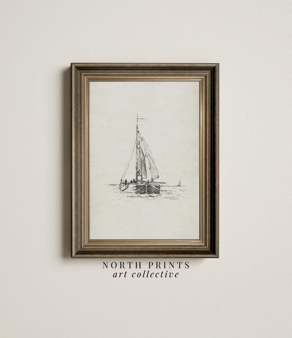 Simple Nautical Sketch Art Print, Lake House Sailboat
