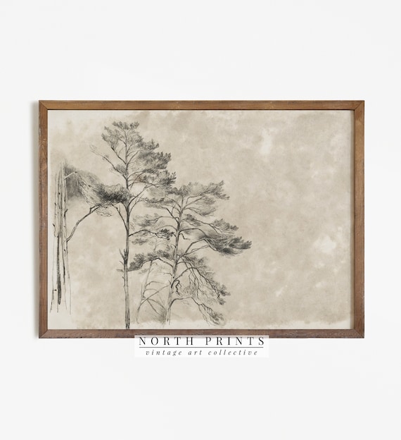 Antique Rustic Tree Sketch, Neutral Vintage Art Print