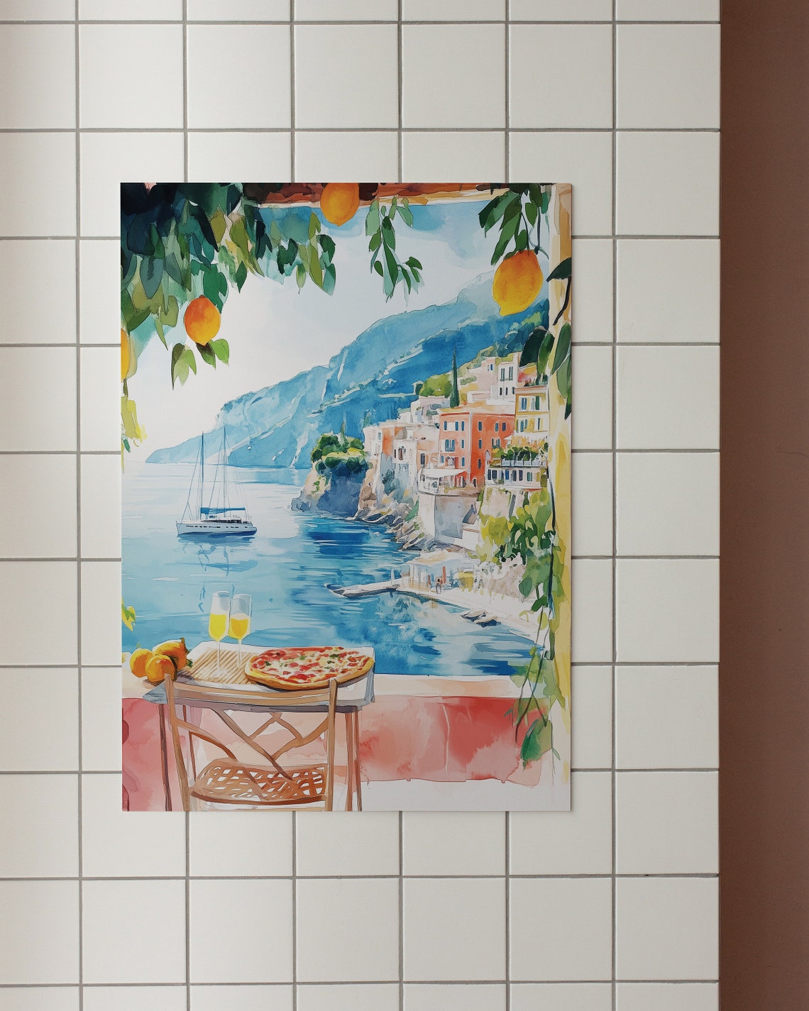 Amalfi Coast Terrace Pizza Sailboat Cliffside View Watercolor Poster - Image 4