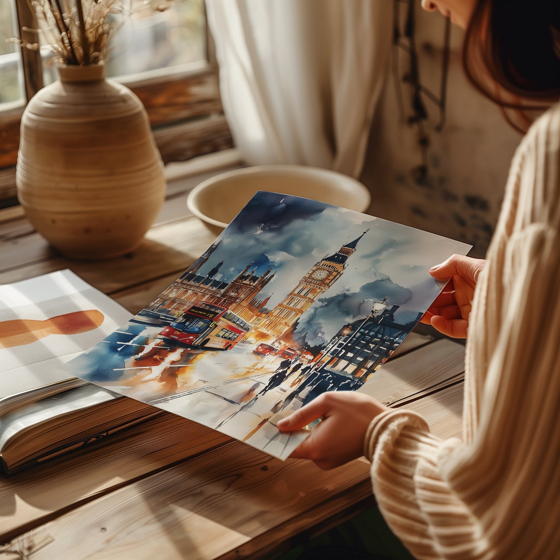 London Big Ben Watercolor Red Double Decker Bus Evening Poster - Image 4
