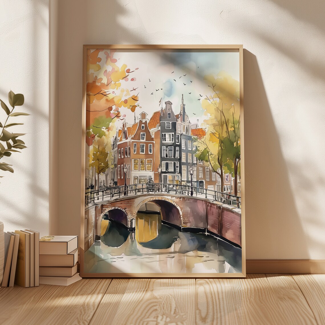 Amsterdam Canal Autumn Watercolor Gabled Houses Bridge Poster - Image 2