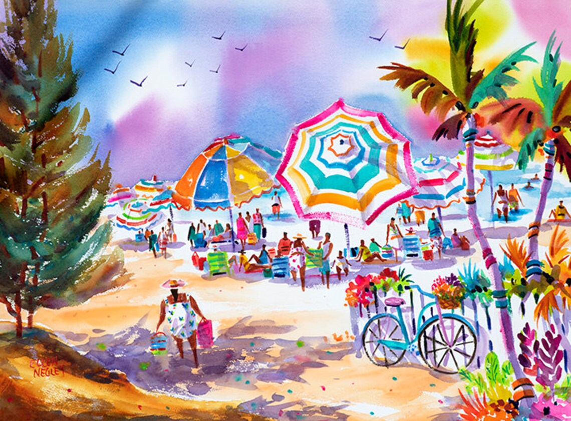 Lively Colorful Florida Beach Umbrellas Watercolor Art Poster