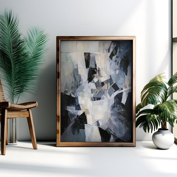 Geometric Abstract Art Print Monochrome Cubist Painting Modern Black White Wall Decor