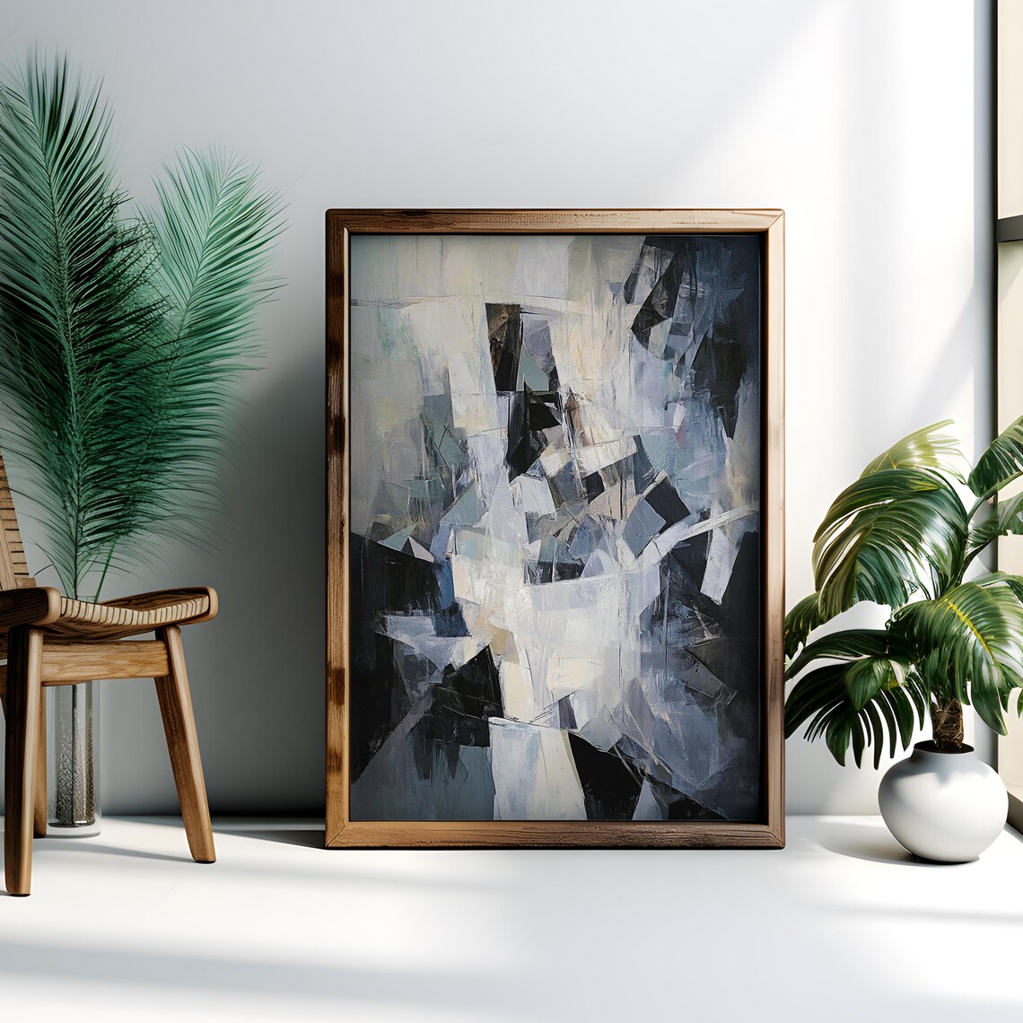 Monochrome Cubist Geometric Abstract Faceted Shapes Painting Poster