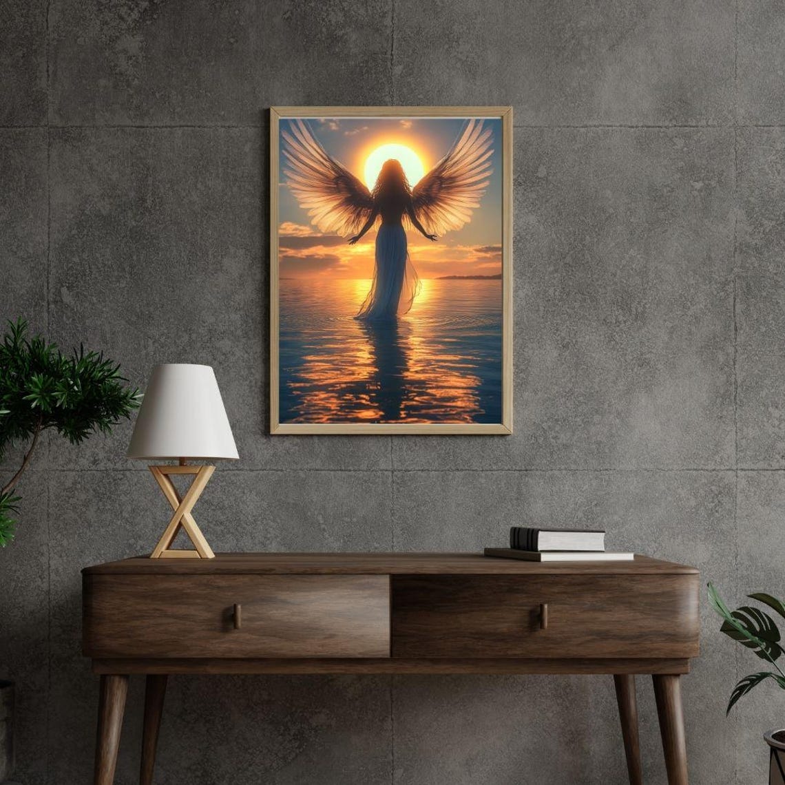 Angel Silhouette With Golden Wings At Sunset Over Water Poster - Image 3