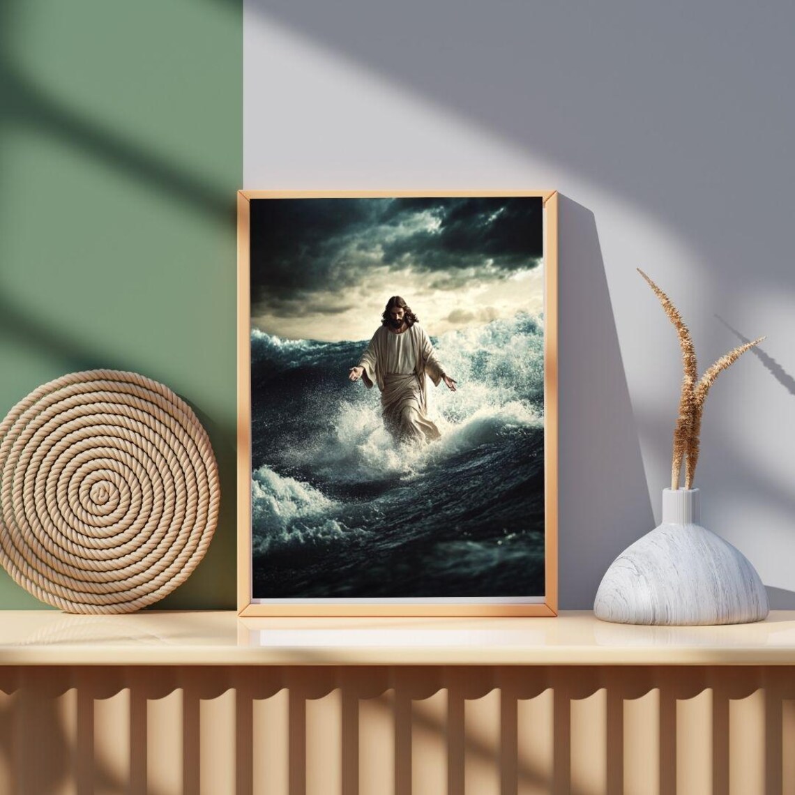 Jesus Christ Walking On Stormy Ocean Waves Dramatic Christian Faith Wall Poster - Image 2
