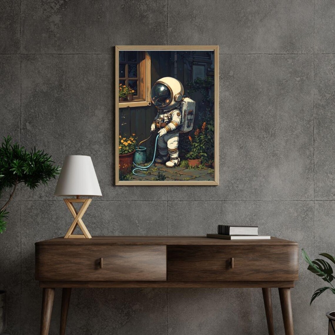 Whimsical Astronaut Watering Plants Print Cute Space Gardener Night Art Poster - Image 2