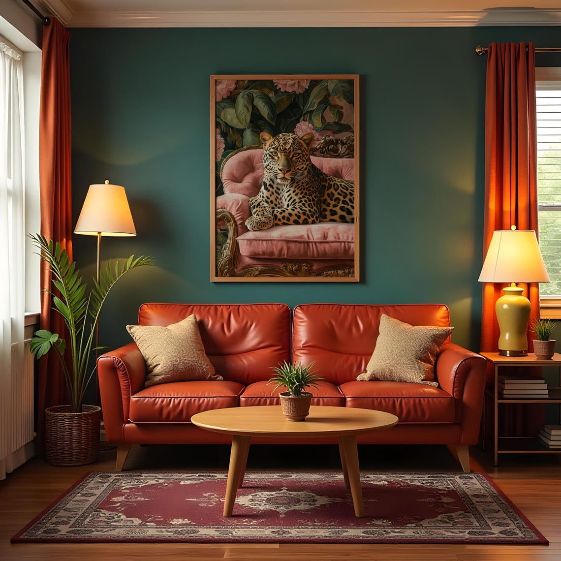Leopard Lounging Pink Velvet Sofa Tropical Floral Exotic Art Poster - Image 2