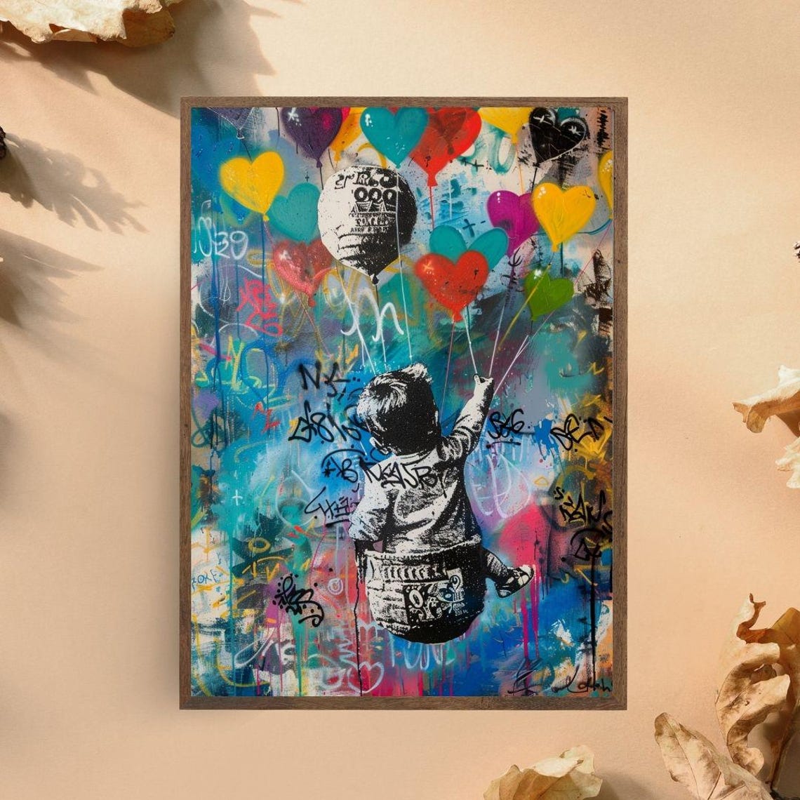 Kid With Heart Balloons Graffiti Street Art Whimsical Wall Poster