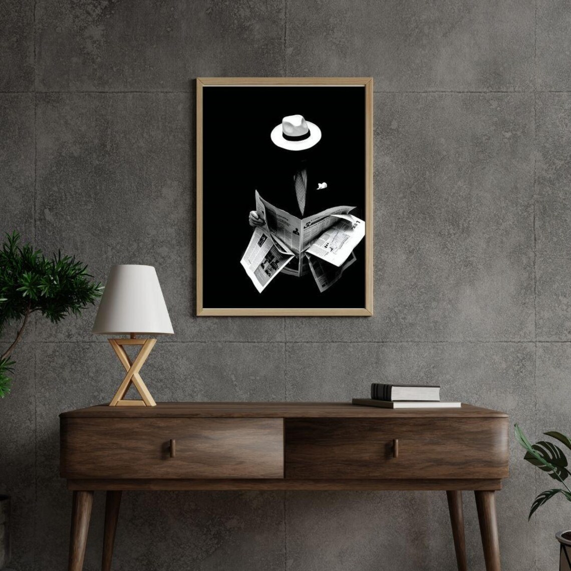 Mysterious Man In White Fedora Reading Newspaper Black White Noir Wall Poster - Image 3