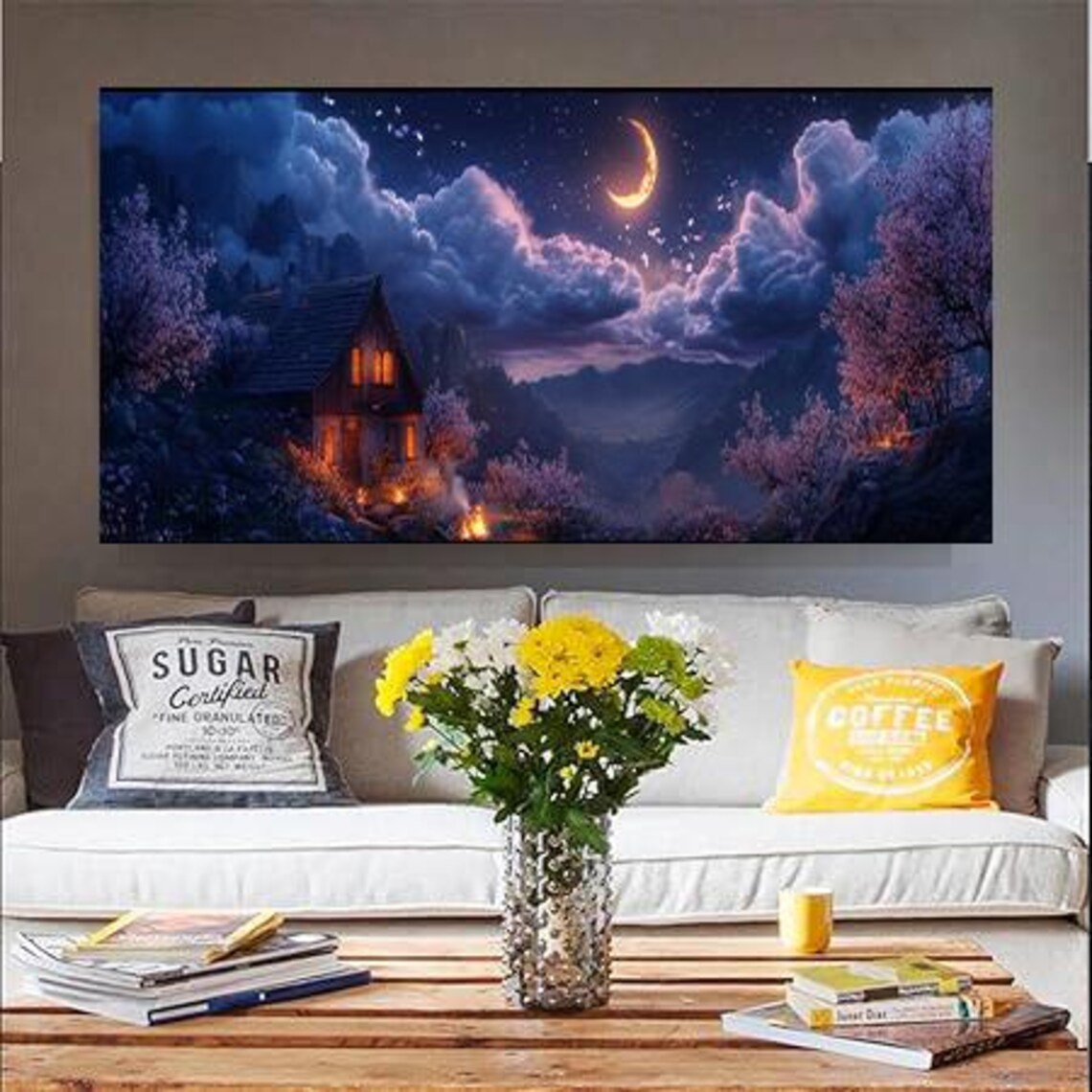 Cozy Cabin Under Crescent Moon Print Starry Night Mountain Hideaway Art Poster - Image 3