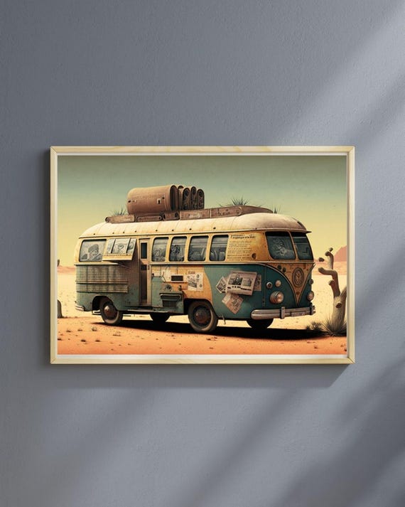 Vintage Bus Desert Art Print Surrealist Retro Travel Poster Adventure Wall Art Framed Road Trip Artwork Boho Decor