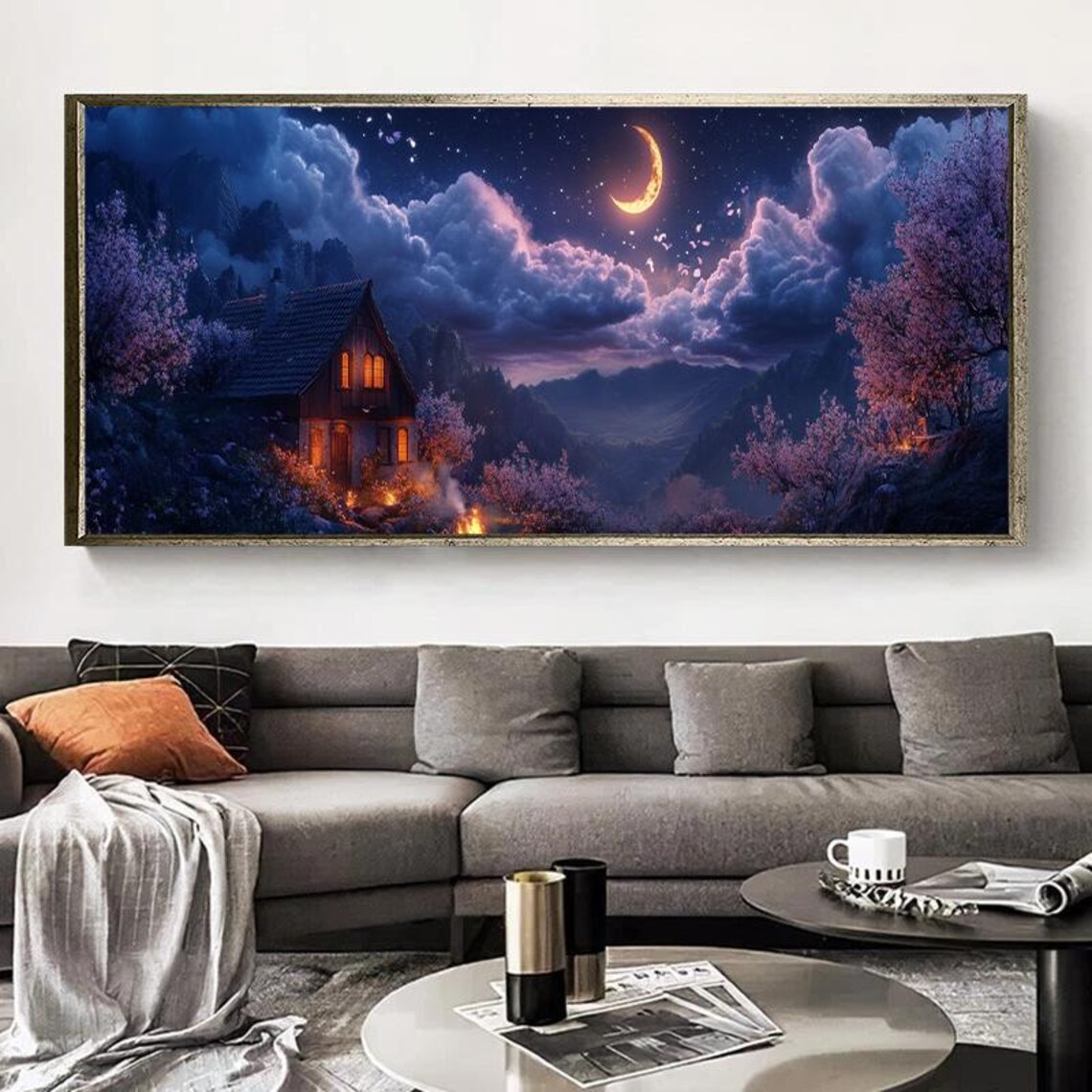 Cozy Cabin Under Crescent Moon Print Starry Night Mountain Hideaway Art Poster - Image 2