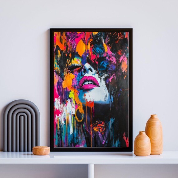 Graffiti Woman Portrait Print Neon Splash Pink Lips Bold Expressionist Art Poster