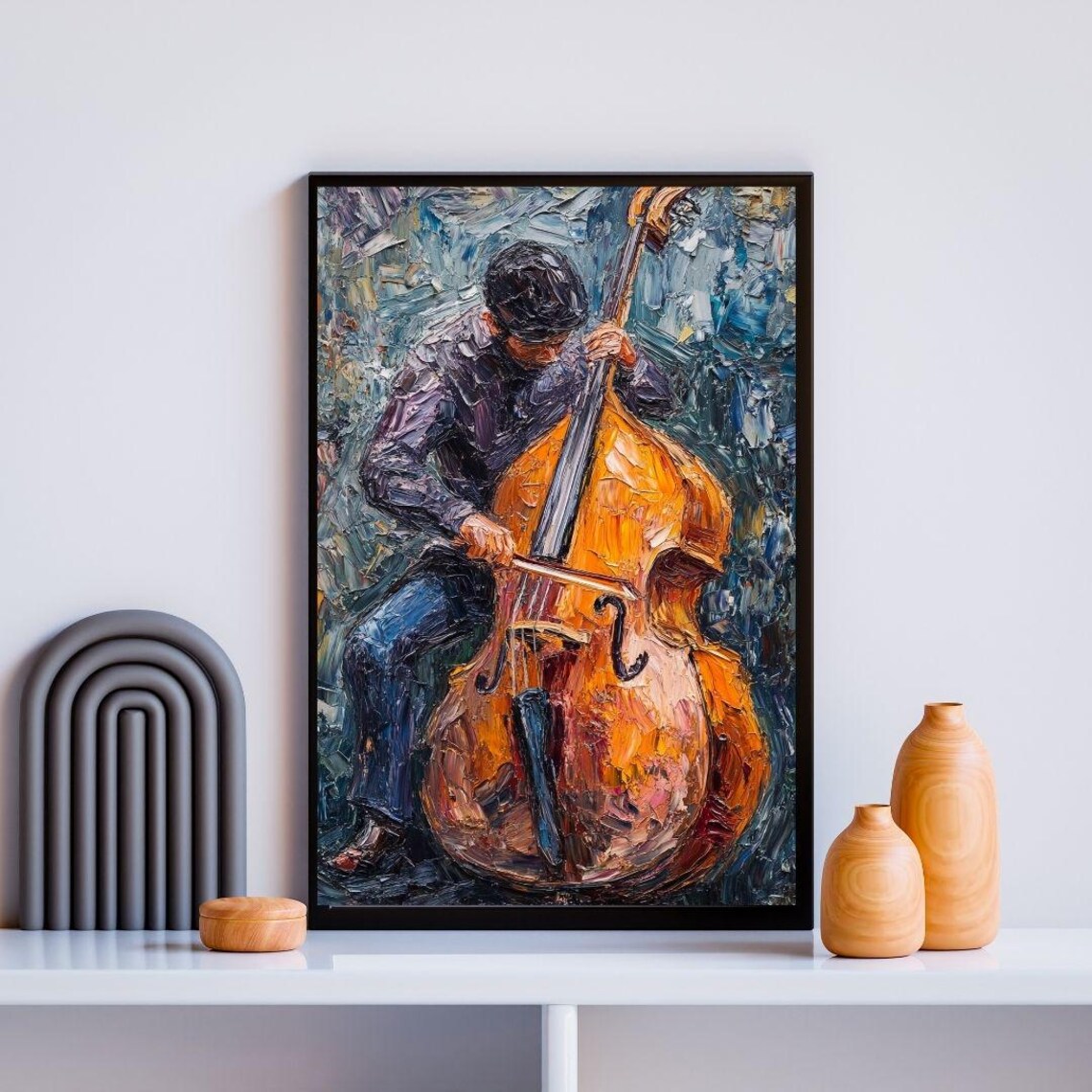 Double Bass Player Passionate Musician Textured Impasto Jazz Painting Poster