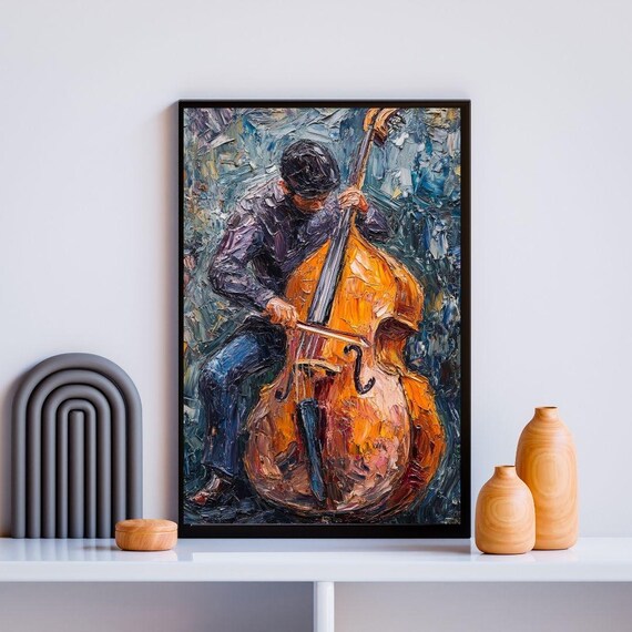 Double Bass Player Passionate Musician Textured Impasto Jazz Painting Poster