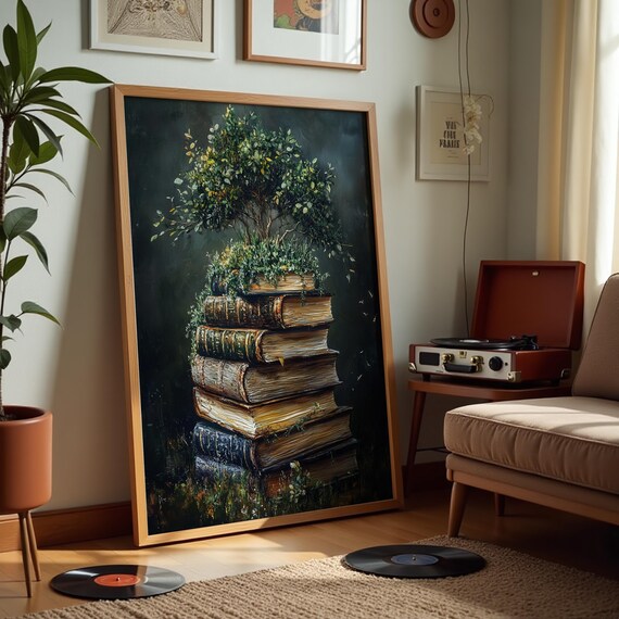 Enchanted Stack Of Vintage Books With Growing Tree Mystical Library Poster