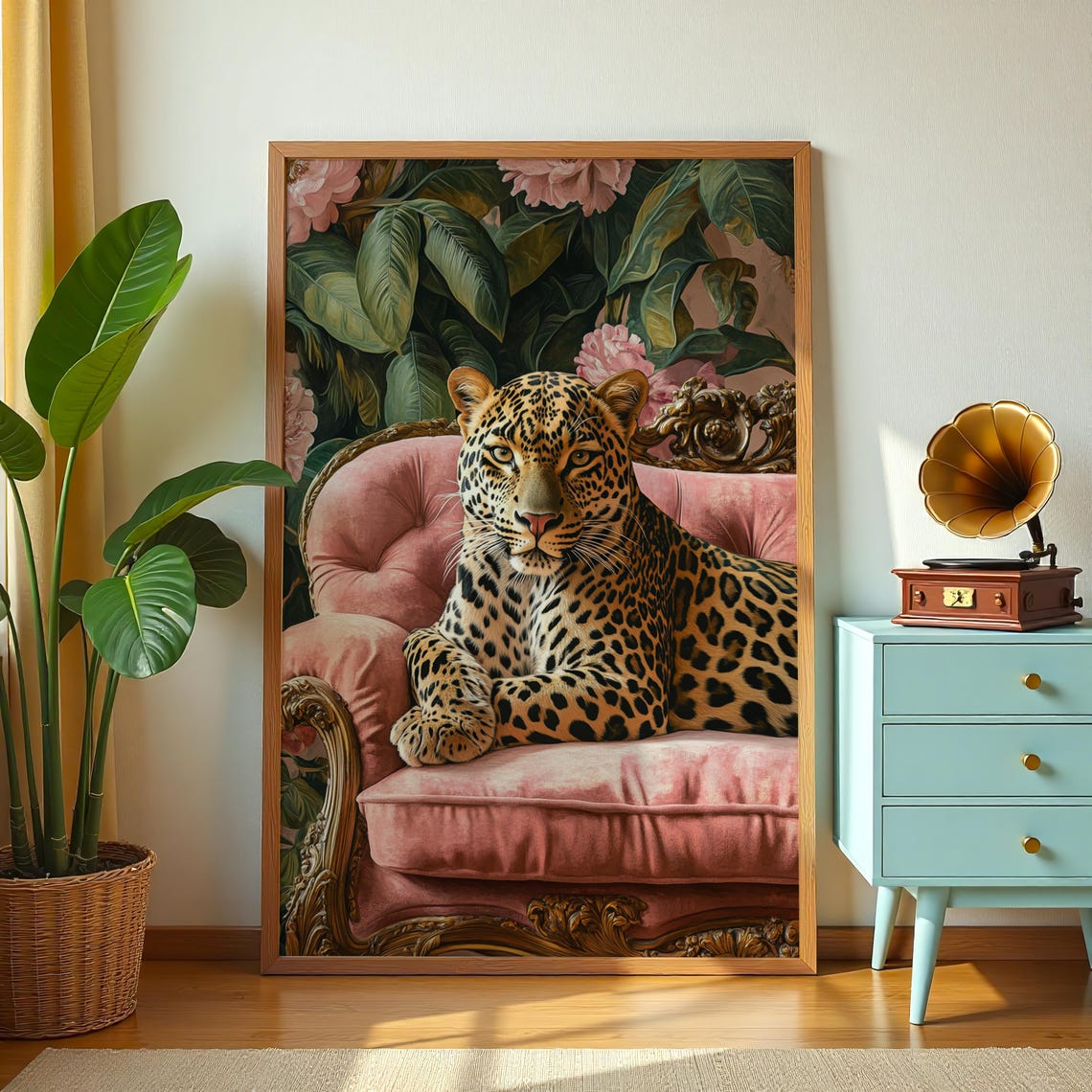 Leopard Lounging Pink Velvet Sofa Tropical Floral Exotic Art Poster - Image 3