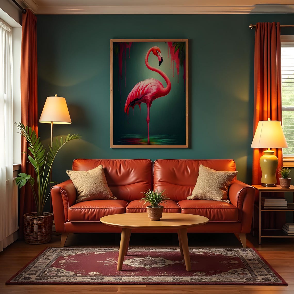Pink Flamingo Standing Dripping Paint Teal Abstract Art Poster - Image 3